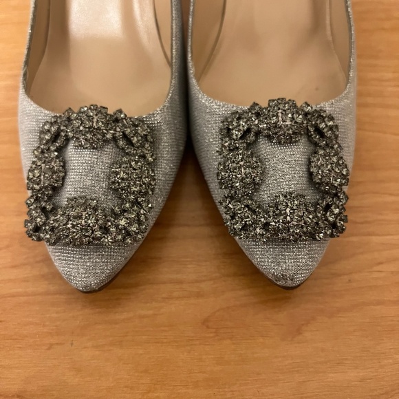 MANOLO BLAHNIK White Rhinestone Silver Metallic Woven Hangisi Jeweled heels 37 - Picture 5 of 10